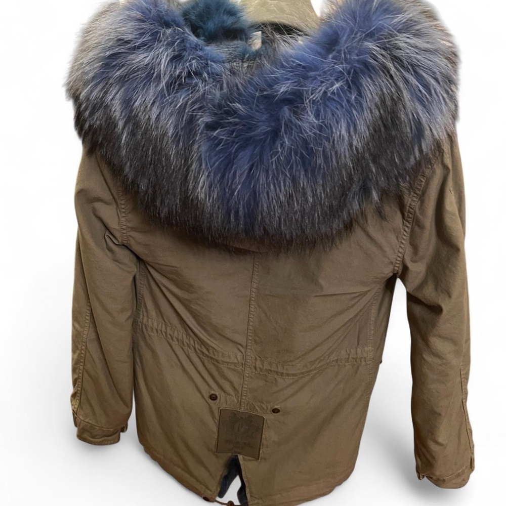Mr & Mrs Italy Fur lined army parka blue fox raccoon trim coat khaki - Picture 8 of 16